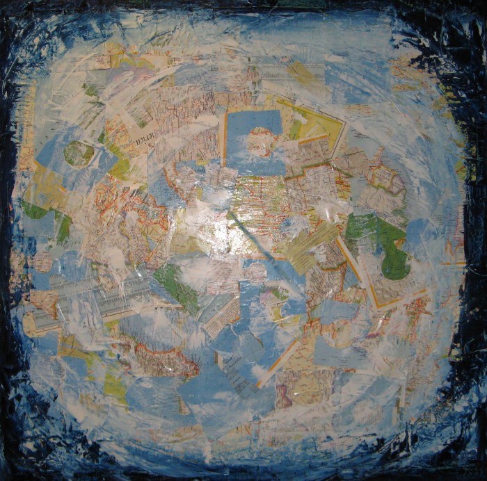 Altered States I (Legend) 92cm x 92cm (36” x 36”) Collage of map fragments with oil paint on stretched canvas