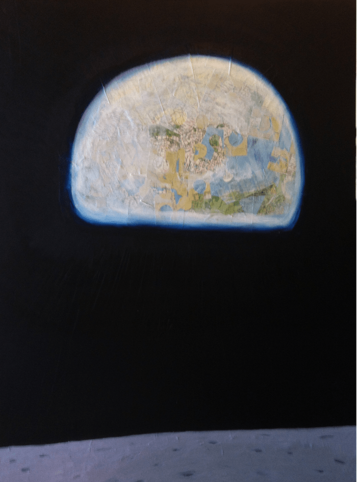 Altered States II (One Small Step) 102cm x 76cm (40” x 30”) Collage of map fragments with oil paints on stretched canvas