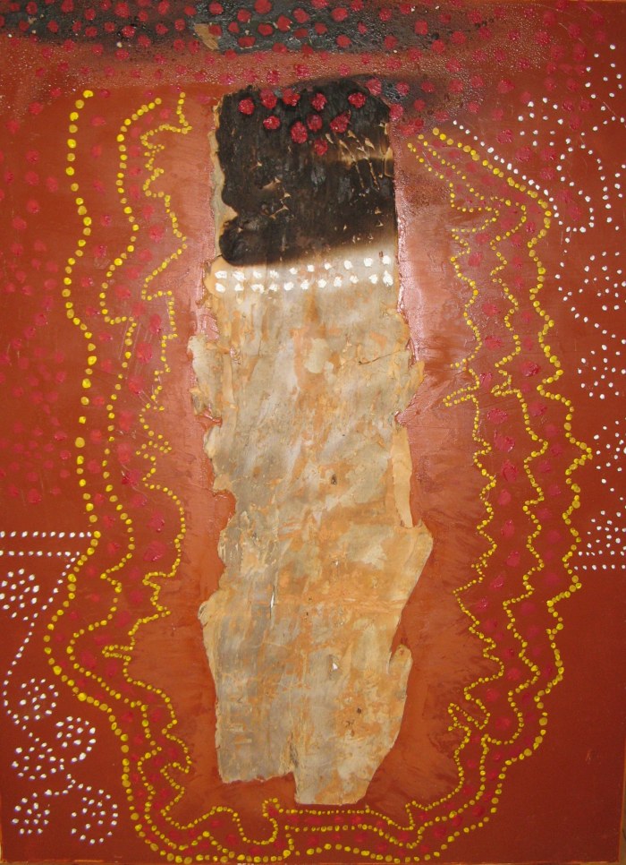 Indigenous Atrocities III (Bone Stick, The Phoenix) 102cm x 76cm (40” x 30”) Oil & acrylic paints with found paperbark fired with fragrant candles on stretched canvas