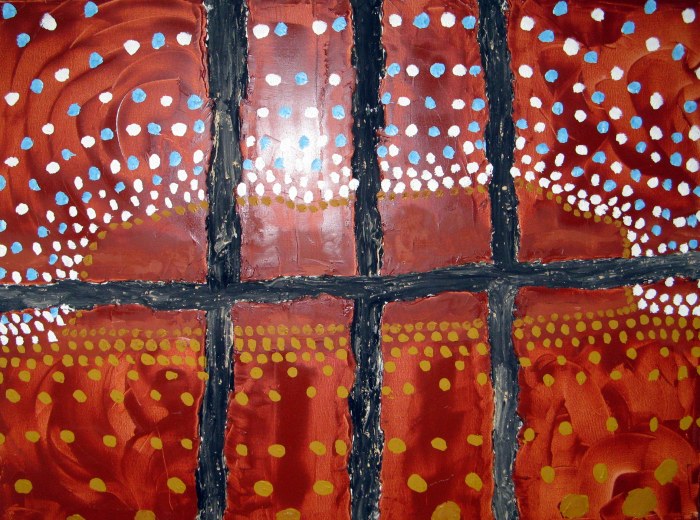 Indigenous Atrocities II (Uluru Framed) 102cm x 76cm (40” x 30”) Oil & acrylic paints with Spakfilla on stretched canvas