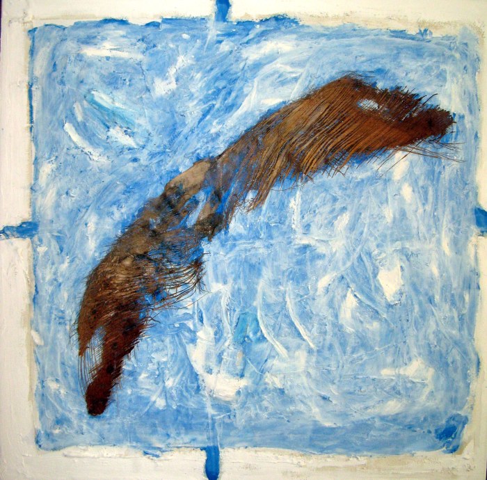 Sky Dreams I (Gull Surfing) 92cm x 92cm (36” x 36”)  Oil & acrylic paints with found palm fibres and plaster on stretched canvas
