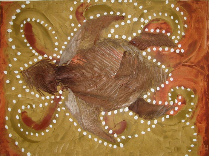 Indigenous Atrocities I (Sand Mother) 122cm x 92cm (48” x 36”) Oil & acrylic paints with found palm fibres on stretched canvas